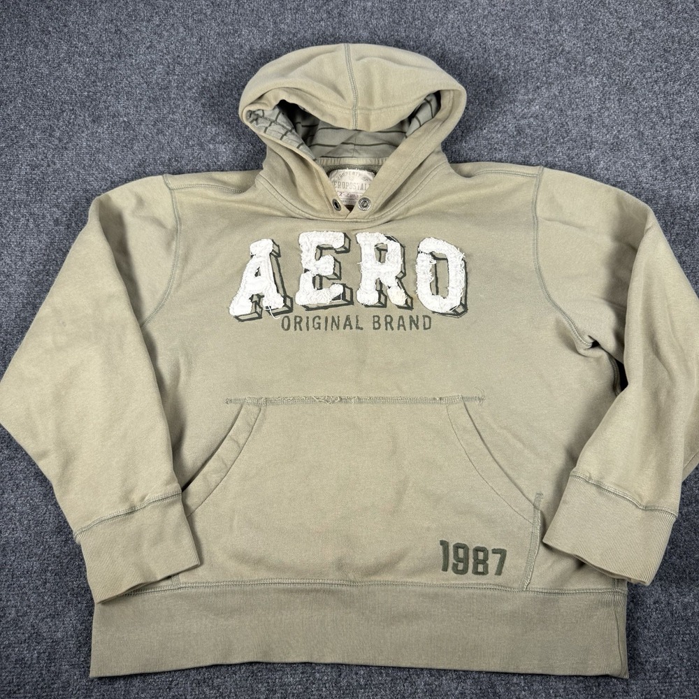 Vintage Y2K Aeropostale Hoodie Men XL Green Faded Spellout Skater Pullover